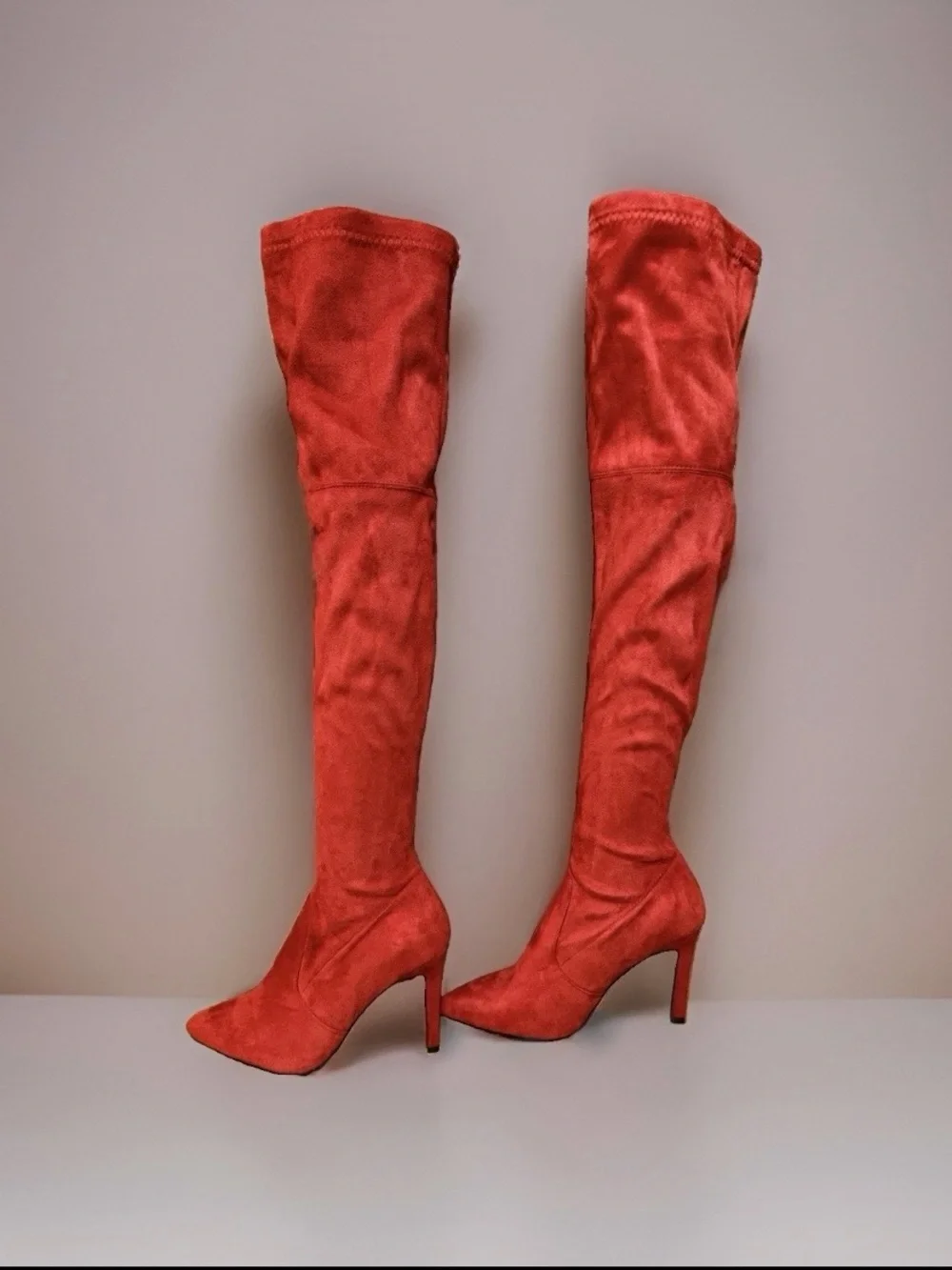 Red Over The Knee Stretch Suede Boots Pointed Toe Stiletto Heel 4” NWOT-Size 8